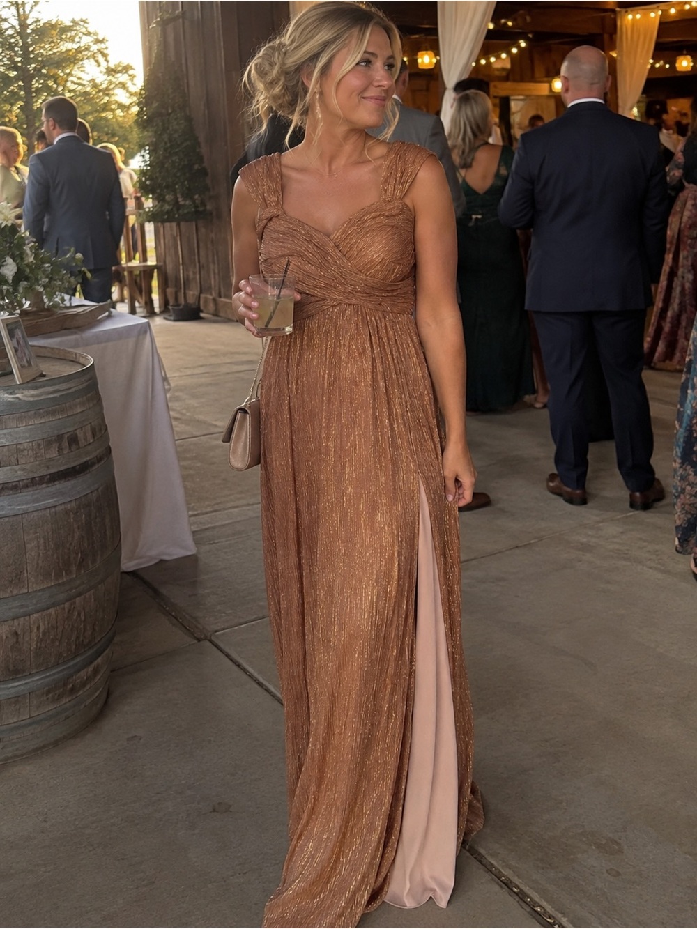 Melrose Metallic Copper Evening Gown with Front Slit wedding guest